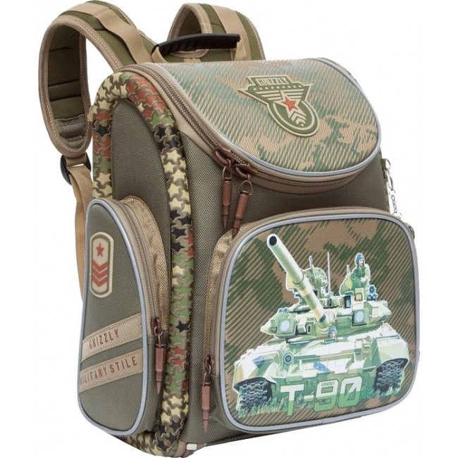 Ранец для мальчика Grizzly RA-770-6 Танк Оливковый камуфляжный - фото №2