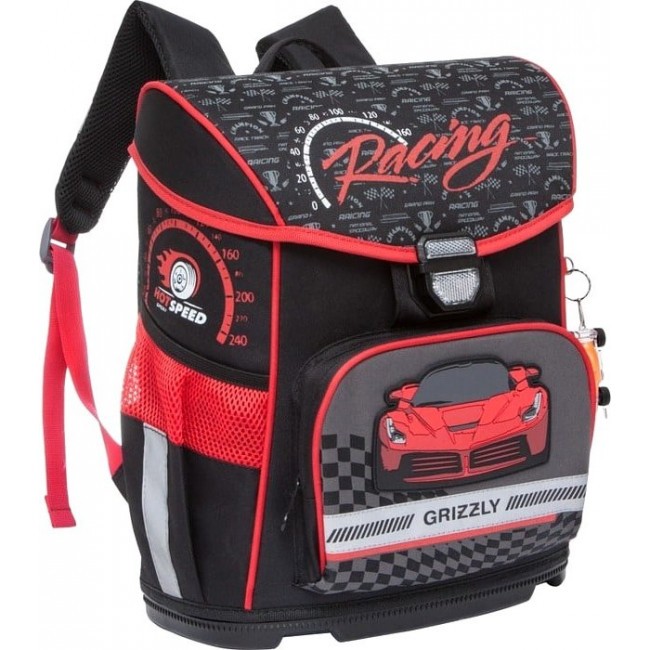 Ранец школьный для мальчика Grizzly RA-874-1 Машинка (черный и красный) - фото №2