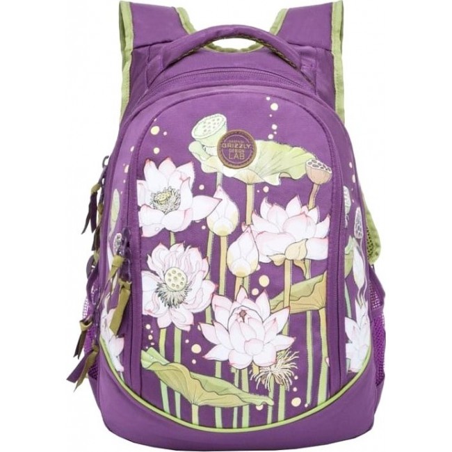 Школьный рюкзак для подростка девочки Grizzly RD-834-2 Фиолетовый с лилиями - фото №1
