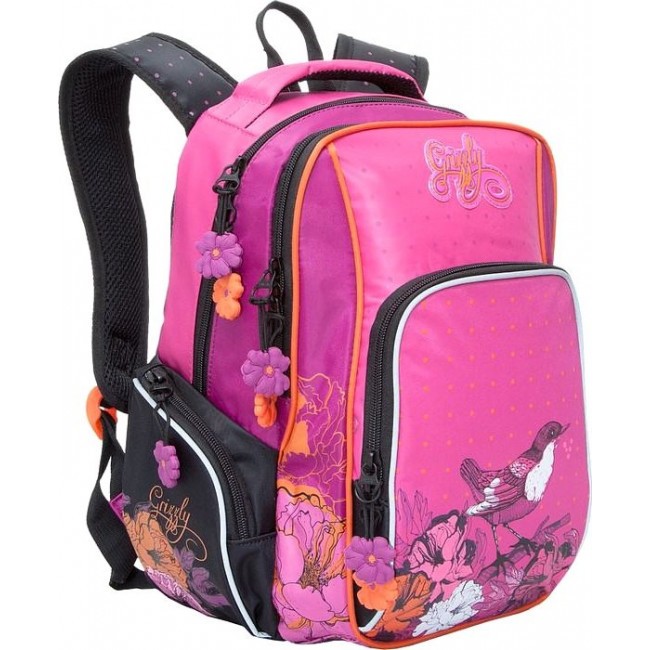 Рюкзак Grizzly RG-660-1 Птичка и цветы Черный - розовый - фото №2