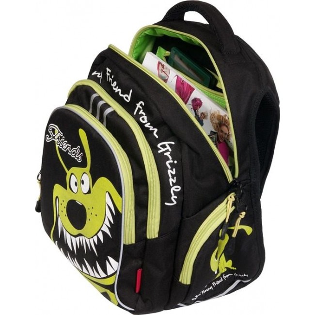 Школьный рюкзак Grizzly RB-629-1 Зубастик (черный и салатовый) - фото №4