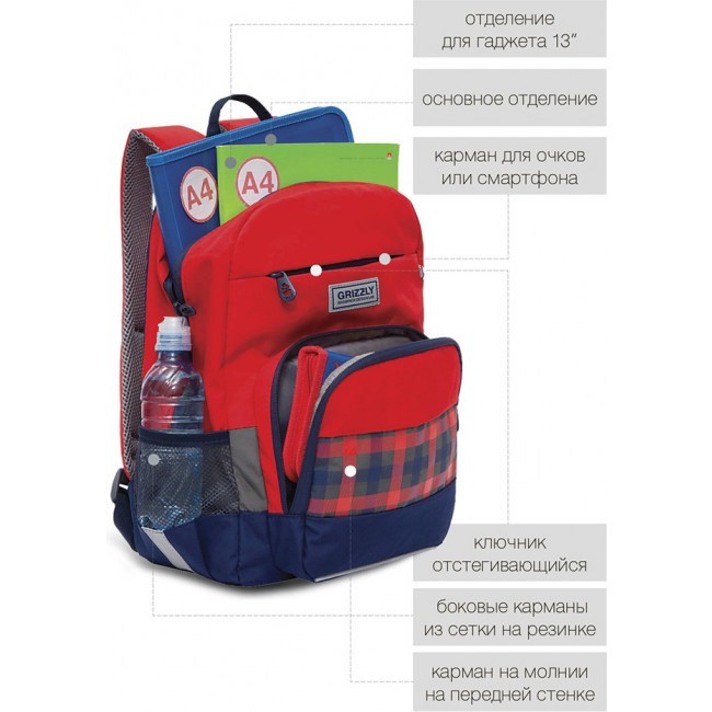 Школьный рюкзак Sale Grizzly RB-155-1 красный-синий - фото №6