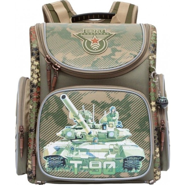 Ранец для мальчика Grizzly RA-770-6 Танк Оливковый камуфляжный - фото №1
