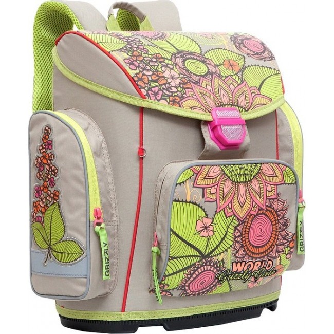 Салатовый ранец для девочки Grizzly RA-676-4 Цветы Бежевый - фото №2