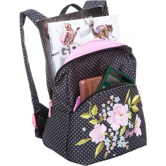 Рюкзак в горошек с розой Grizzly RL-859-2 Черный с цветами в горошек - фото №4