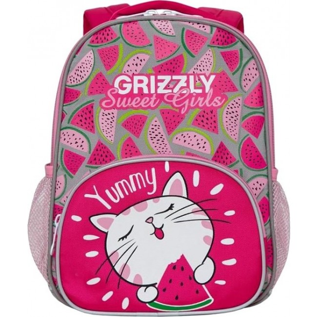 Рюкзак Grizzly RK-076-1 Котик и арбуз (ярко-розовый - светло-серый) - фото №1