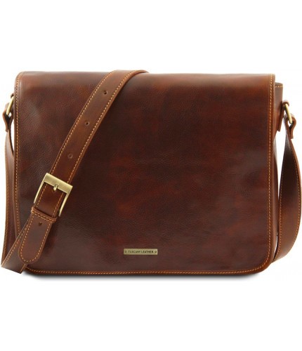 Кожаная сумка мессенджер Tuscany Leather Messenger double TL90475 Коричневый- фото №1