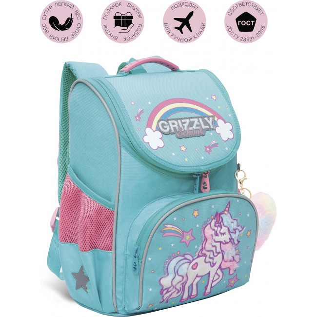 Рюкзак школьный с мешком Grizzly RAm-284-5 Единорог мятный - фото №1