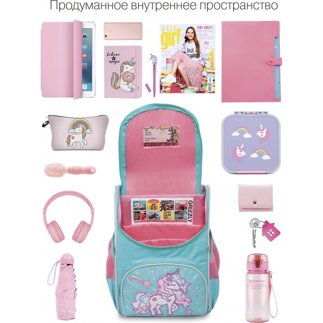 Рюкзак школьный с мешком Grizzly RAm-284-5 Единорог мятный - фото №6