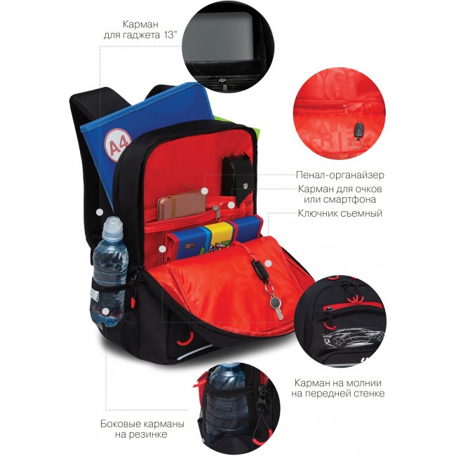 Рюкзак школьный Grizzly RB-254-1 черный-красный - фото №5