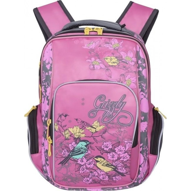 Рюкзак Grizzly RG-760-3 Птички и цветы (серый и розовый) - фото №1