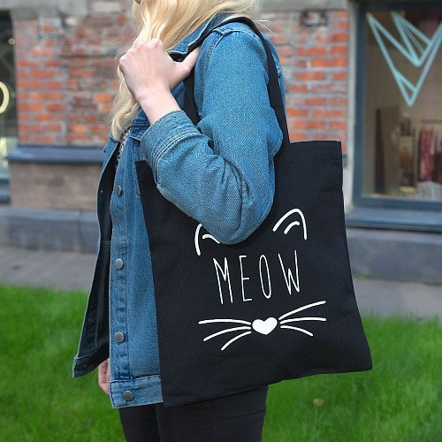 Эко-сумка шоппер Kawaii Factory Meow черная - фото №5