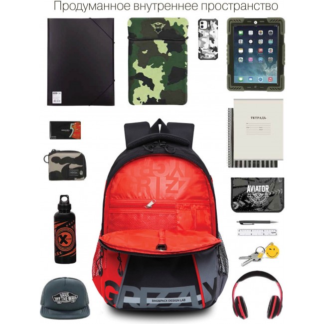 Рюкзак школьный Grizzly RB-259-1 черный-красный-серый - фото №6