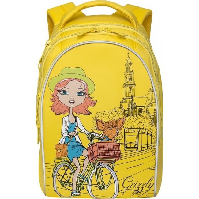 Рюкзак подростковый для девочки Grizzly RG-768-1 Девушка на велосипеде (желтый) - фото №1