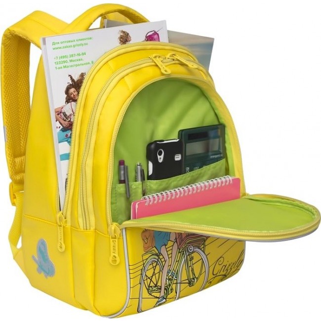 Рюкзак подростковый для девочки Grizzly RG-768-1 Девушка на велосипеде (желтый) - фото №4