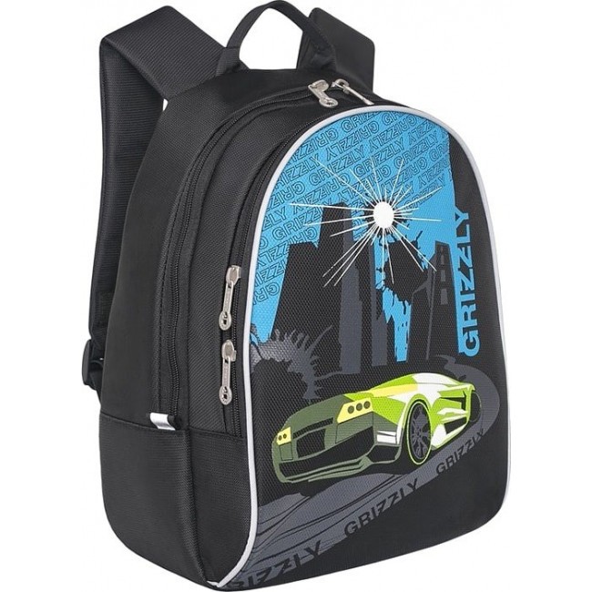 Школьный рюкзак для подростка Grizzly RS-734-1 машинка Черный - салатовый - фото №2