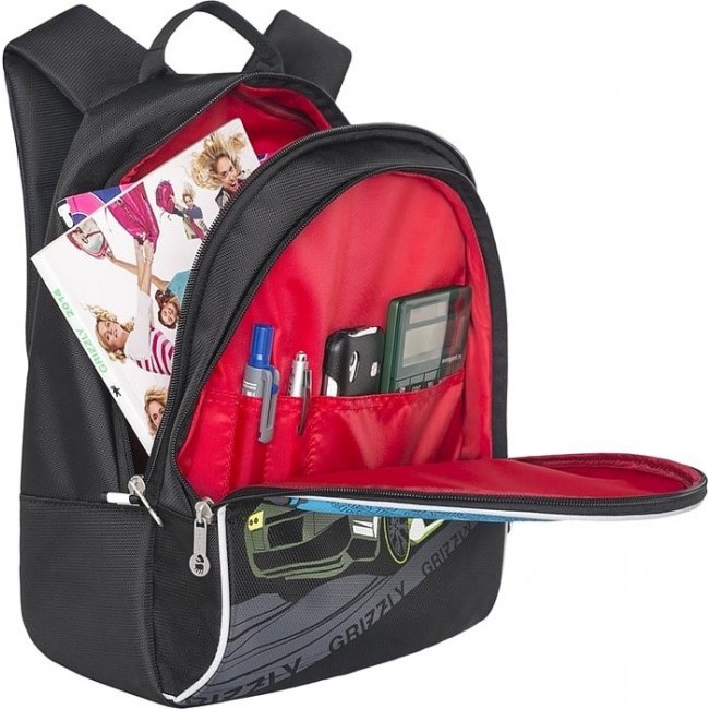 Школьный рюкзак для подростка Grizzly RS-734-1 машинка Черный - салатовый - фото №4