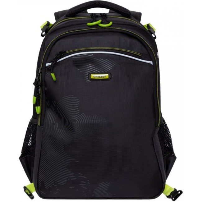 Школьный рюкзак с мешком Grizzly RB-056-11 черный-салатовый - фото №1