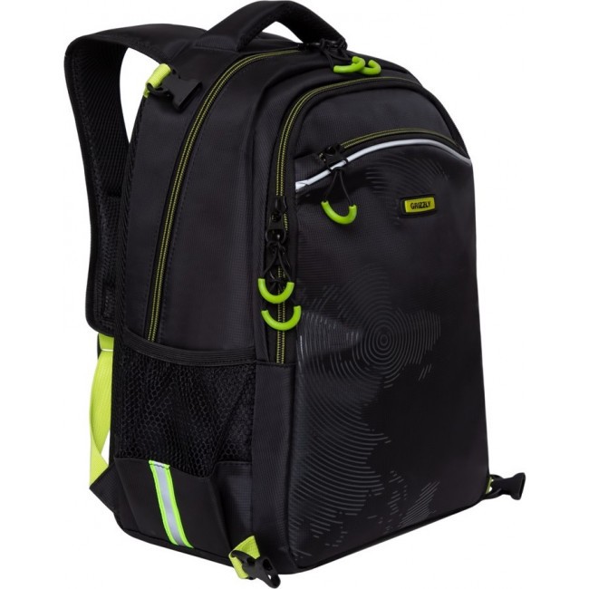 Школьный рюкзак с мешком Grizzly RB-056-11 черный-салатовый - фото №2
