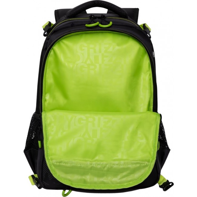 Школьный рюкзак с мешком Grizzly RB-056-11 черный-салатовый - фото №4
