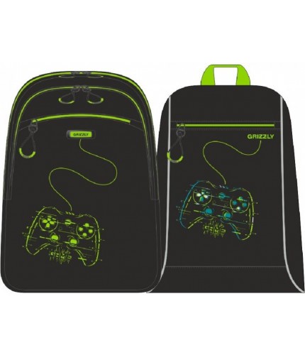 Школьный рюкзак с мешком Grizzly RB-158-2 черный-салатовый- фото №1