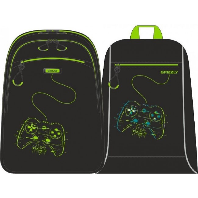 Школьный рюкзак с мешком Grizzly RB-158-2 черный-салатовый - фото №1