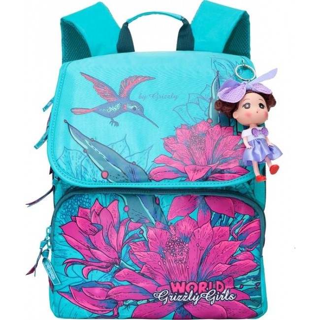 Школьный рюкзак Grizzly RA-672-1 Цветы и птичка (мятный) - фото №1