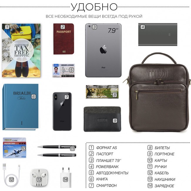 Кожаная мужская сумка-планшет Brialdi Aledo Коричневый Рельефный - фото №15