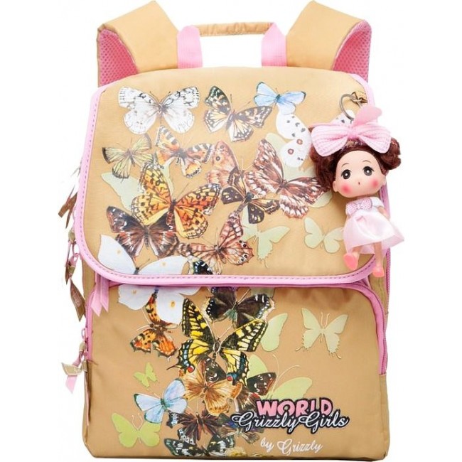 Рюкзак для девочки с бабочками Grizzly RA-672-3 бежевый - фото №1
