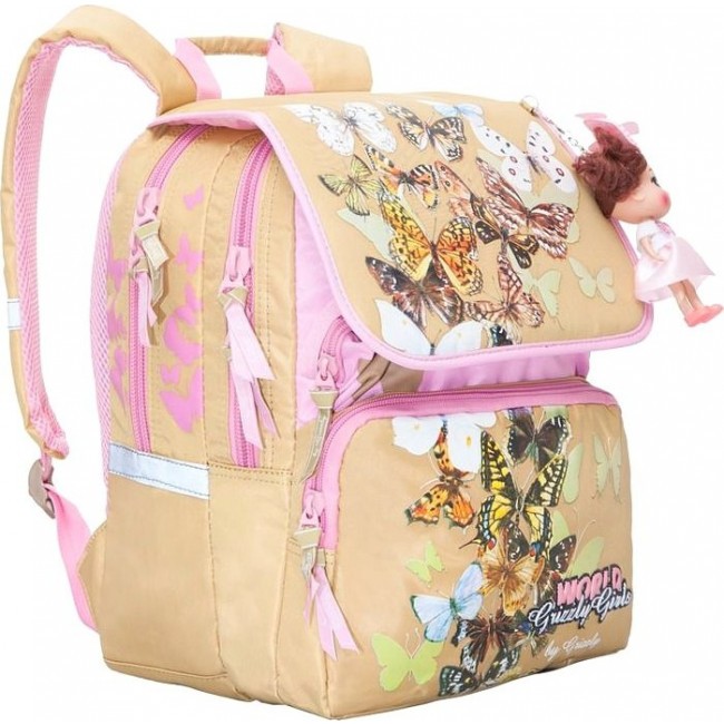 Рюкзак для девочки с бабочками Grizzly RA-672-3 бежевый - фото №2