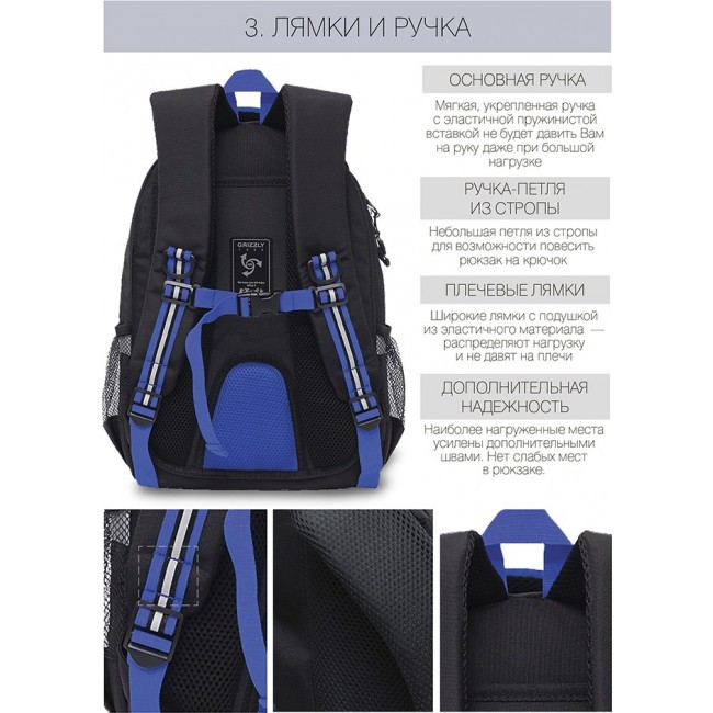 Рюкзак школьный Grizzly RB-152-3 черный-синий - фото №9