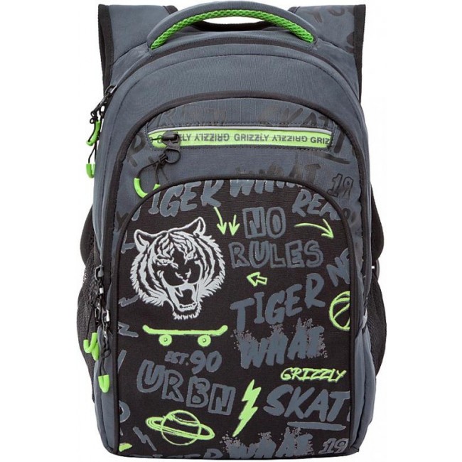 Рюкзак школьный Grizzly RB-150-3 черный-салатовый - фото №1