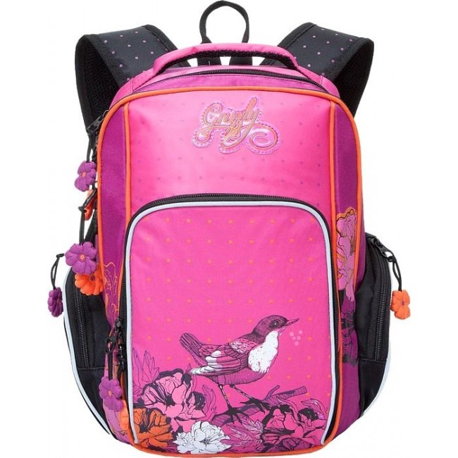 Рюкзак Grizzly RG-660-1 Птичка и цветы Черный - розовый - фото №1