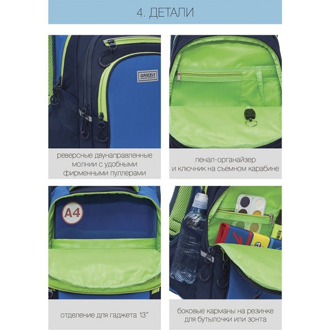 Рюкзак школьный Grizzly RB-150-4 синий-салатовый - фото №12