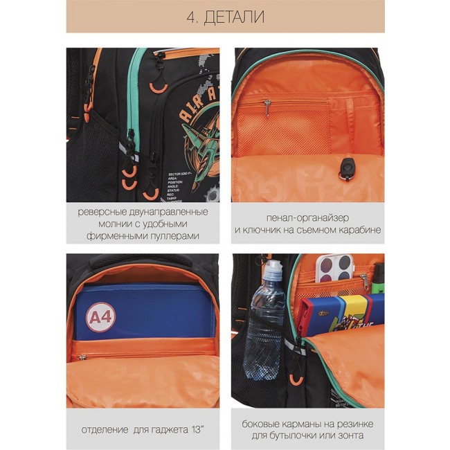 Рюкзак школьный Grizzly RB-150-1 черный-оранжевый - фото №12