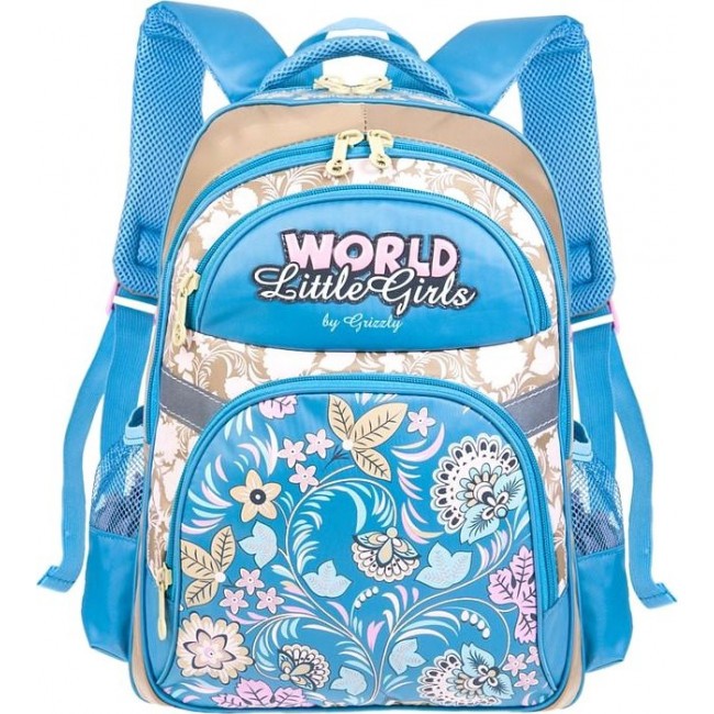 Школьный рюкзак для девочки Grizzly RG-663-2 Цветочки Бежево-голубой - фото №1