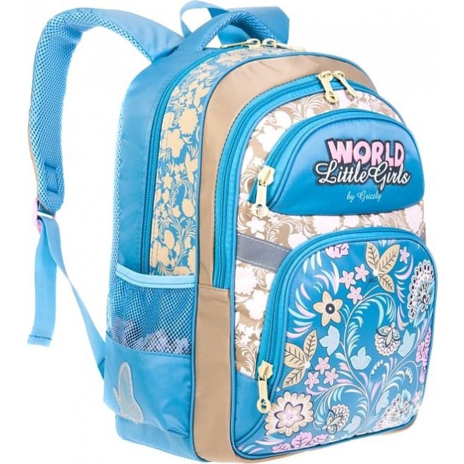 Школьный рюкзак для девочки Grizzly RG-663-2 Цветочки Бежево-голубой - фото №3