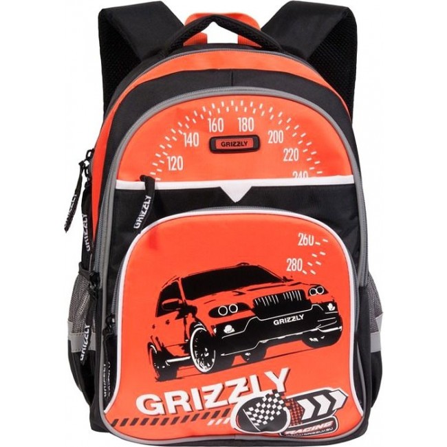 Рюкзак с машиной для мальчика Grizzly RB-632-3 черный - оранжевый - фото №1
