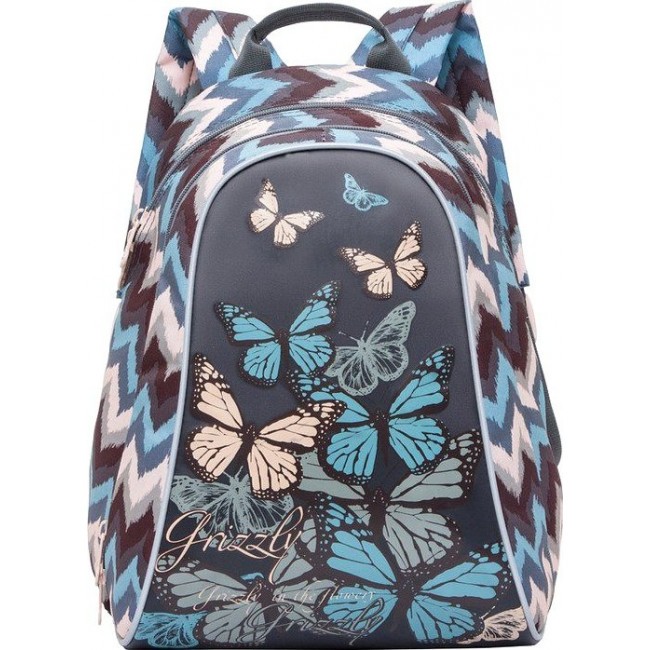 Рюкзак школьный для девочки с бабочкой Grizzly RD-756-4 Зигзаги серо-розовые и бабочки - фото №1