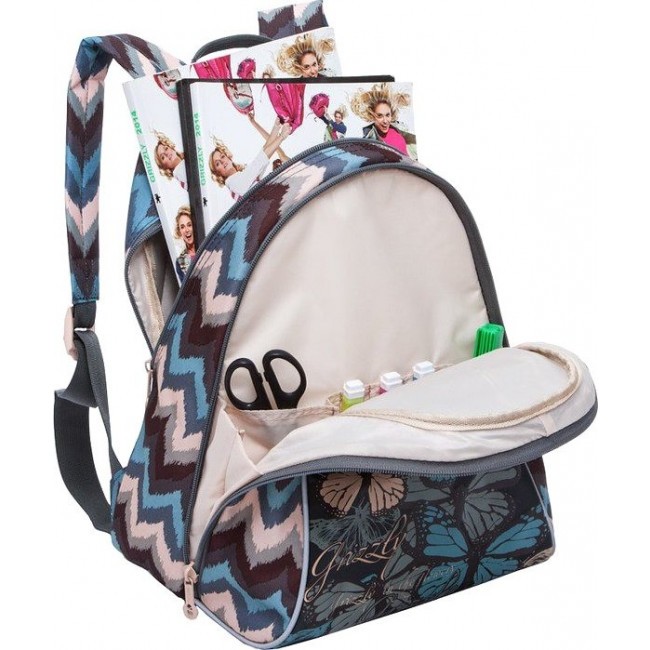 Рюкзак школьный для девочки с бабочкой Grizzly RD-756-4 Зигзаги серо-розовые и бабочки - фото №4