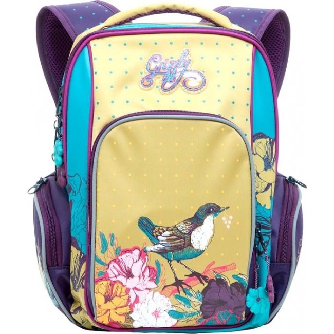 Рюкзак Grizzly RG-660-1 Цветы и птичка (фиолетовый и желтый) - фото №1