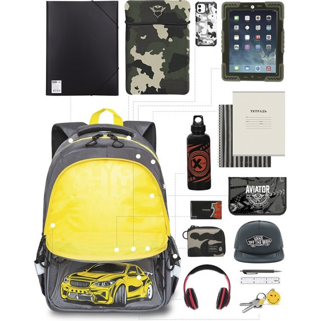 Рюкзак школьный Grizzly RB-157-2 серый-желтый - фото №7