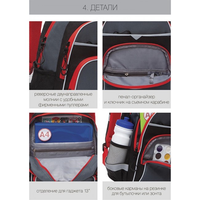 Рюкзак школьный Grizzly RB-157-3 черный-красный - фото №12