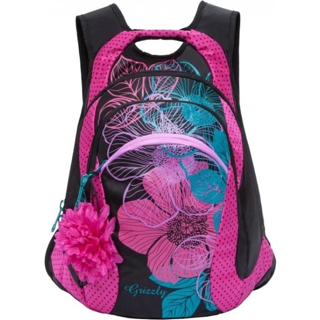 Рюкзак для девочки Grizzly RD-831-2 Черный розовый с цветами - фото №1