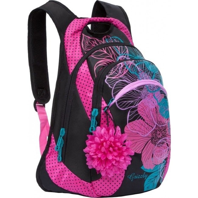 Рюкзак для девочки Grizzly RD-831-2 Черный розовый с цветами - фото №2