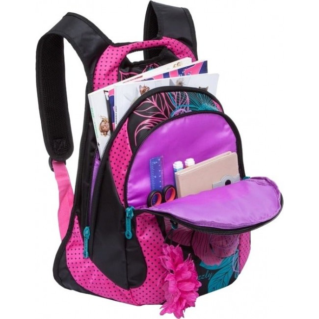 Рюкзак для девочки Grizzly RD-831-2 Черный розовый с цветами - фото №4