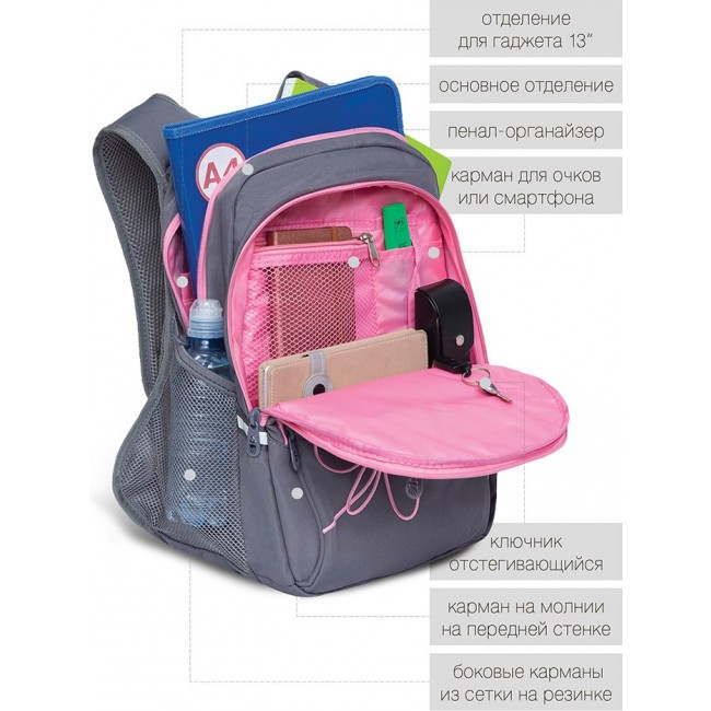 Школьный рюкзак Grizzly RG-161-2 серый-розовый - фото №13