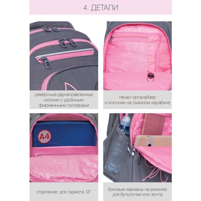 Школьный рюкзак Grizzly RG-161-2 серый-розовый - фото №15