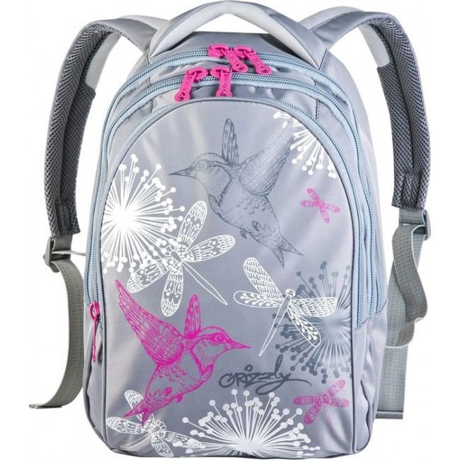Рюкзак для девочки подростка 5-11 класс Grizzly RD-622-4 Птички и стрекозы (серый) - фото №1