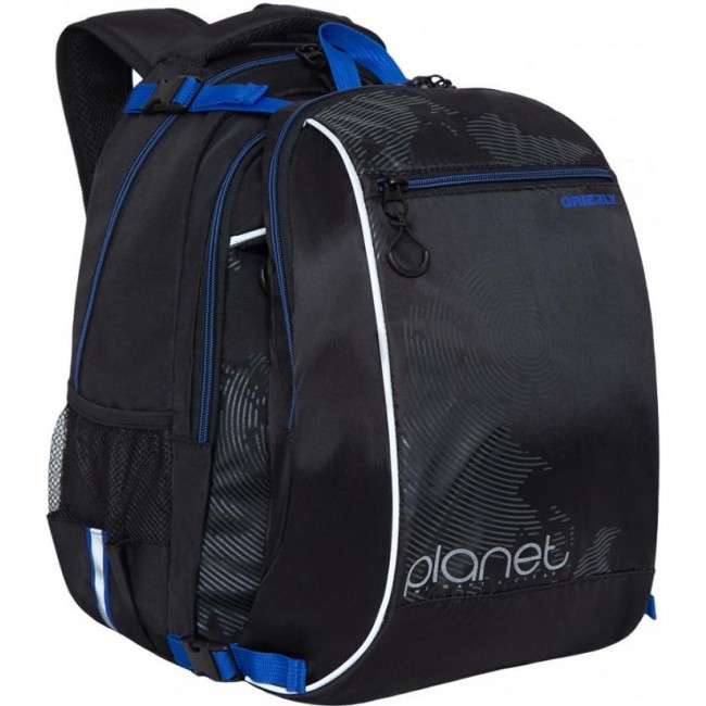 Рюкзак школьный с мешком Grizzly RB-056-1 черный-синий-серый - фото №1